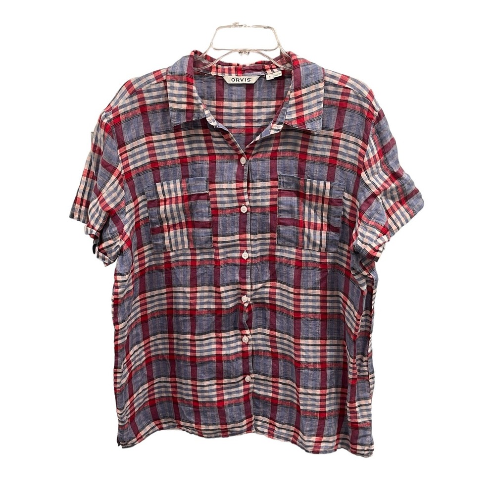 Orvis Men's Sz L Linen Shirt Red Blue Plaid Button Up Short Sleeve Outdoors AK57